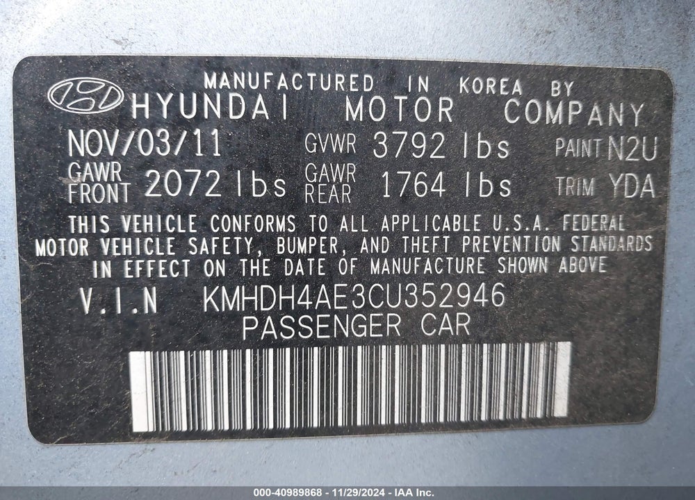 2012 HYUNDAI ELANTRA LIMITED (ULSAN PLANT) VIN: KMHDH4AE3CU352946