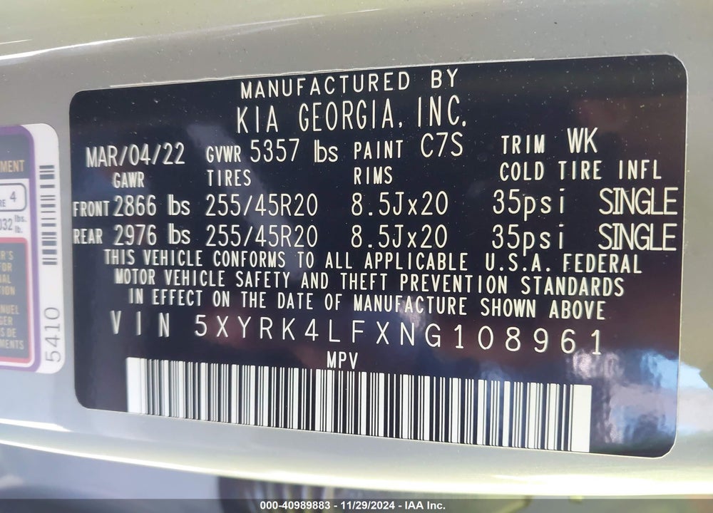 2022 KIA SORENTO SX PRESTIGE VIN: 5XYRK4LFXNG108961