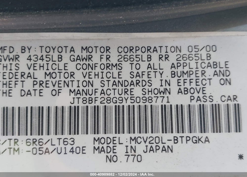 2000 LEXUS ES 300 VIN: JT8BF28G9Y5098771