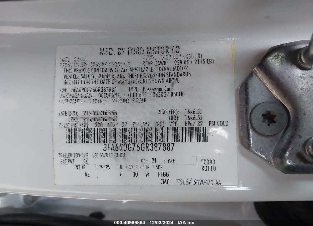 2016 FORD FUSION S VIN: 3FA6P0G76GR387887
