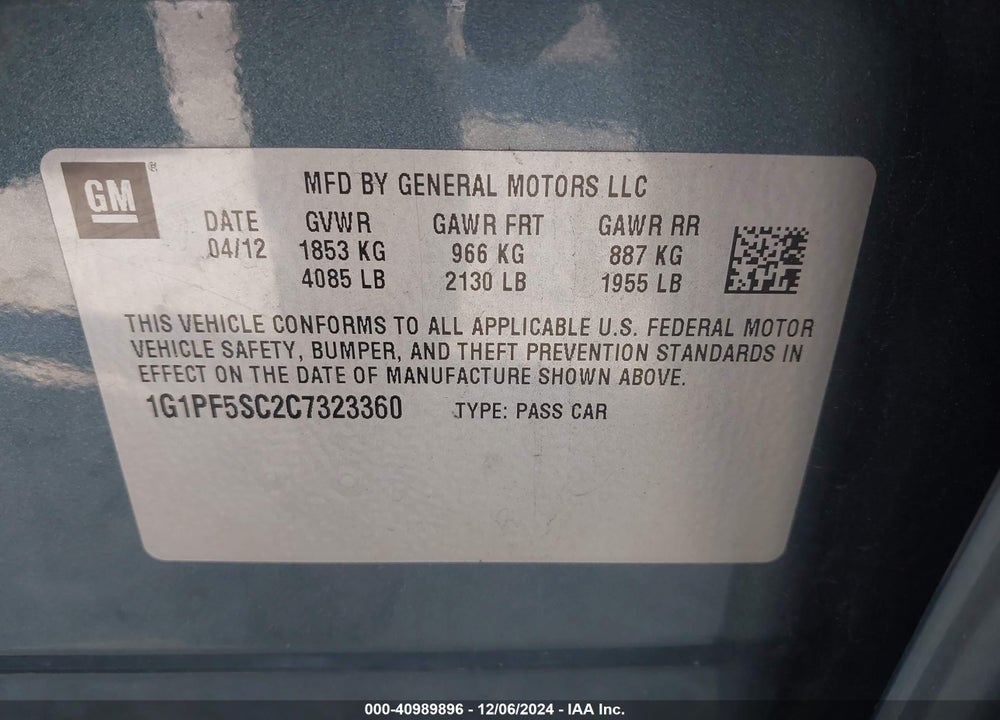 2012 CHEVROLET CRUZE 1LT VIN: 1G1PF5SC2C7323360