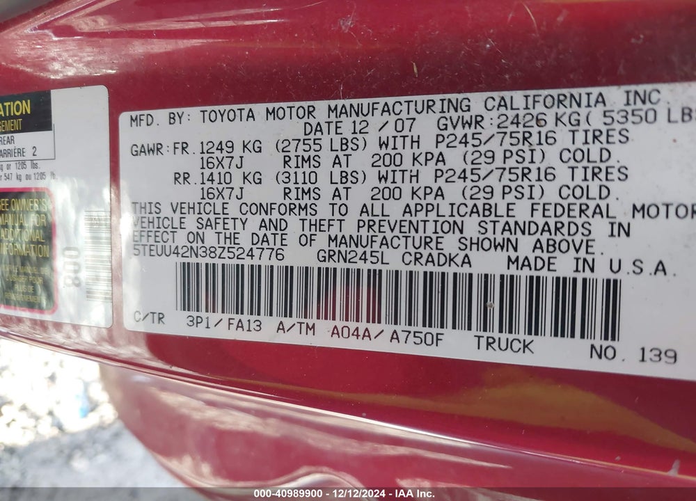 2008 TOYOTA TACOMA BASE V6 VIN: 5TEUU42N38Z524776
