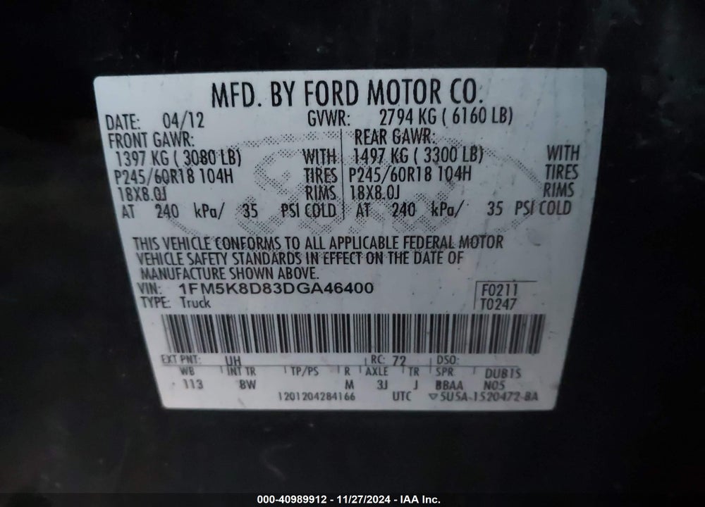 2013 FORD EXPLORER XLT VIN: 1FM5K8D83DGA46400