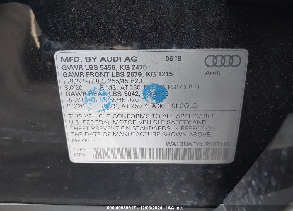 2018 AUDI Q5 2.0T PREMIUM/2.0T TECH PREMIUM VIN: WA1BNAFY4J2207116