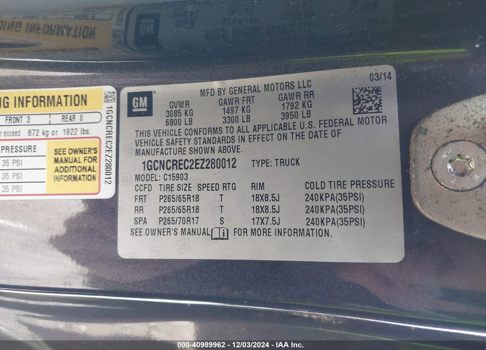 2014 CHEVROLET SILVERADO VIN: 1GCNCREC2EZ280012