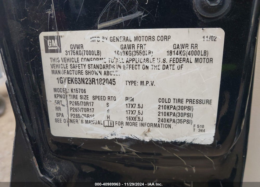 2003 CADILLAC ESCALADE STANDARD VIN: 1GYEK63N23R182045