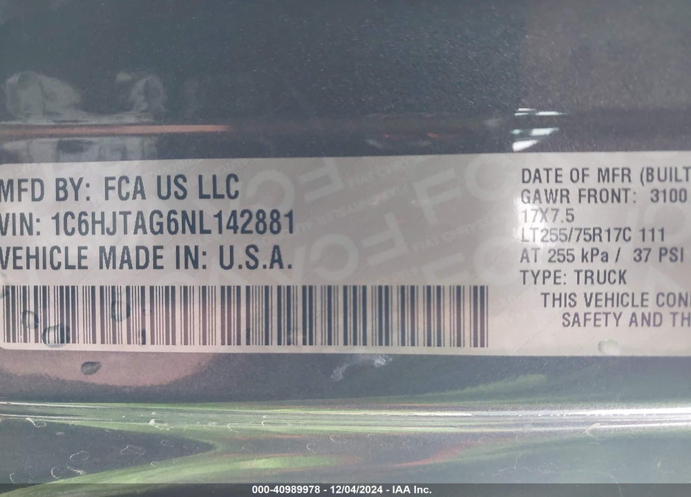 2022 JEEP GLADIATOR VIN: 1C6HJTAG6NL142881