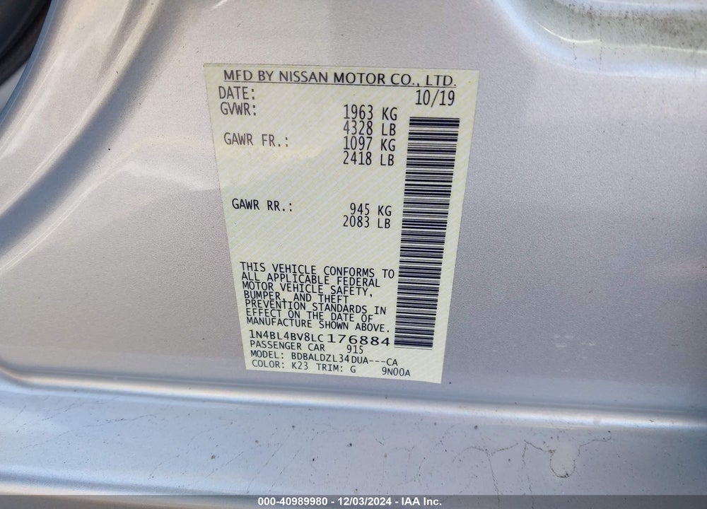 2020 NISSAN ALTIMA S FWD VIN: 1N4BL4BV8LC176884