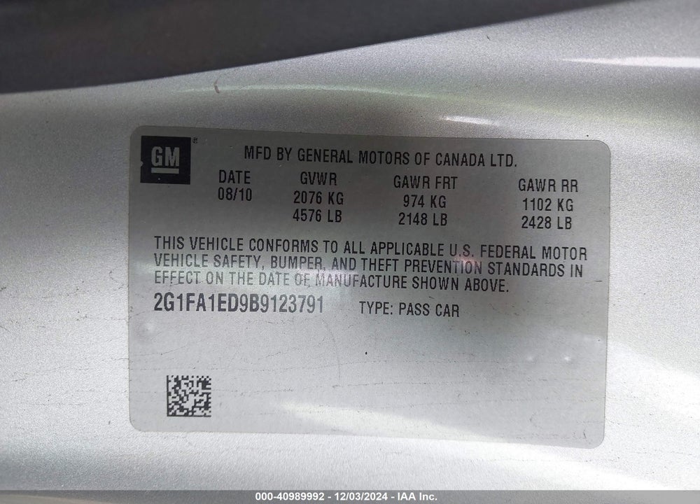 2011 CHEVROLET CAMARO 2LS VIN: 2G1FA1ED9B9123791
