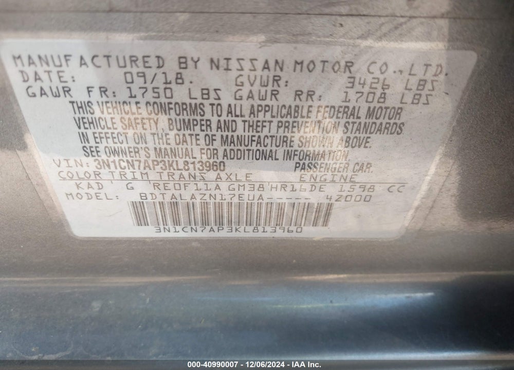 2019 NISSAN VERSA 1.6 S+ VIN: 3N1CN7AP3KL813960