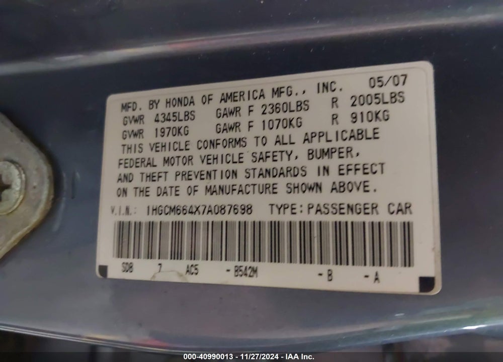 2007 HONDA ACCORD VIN: 1HGCM664X7A087698