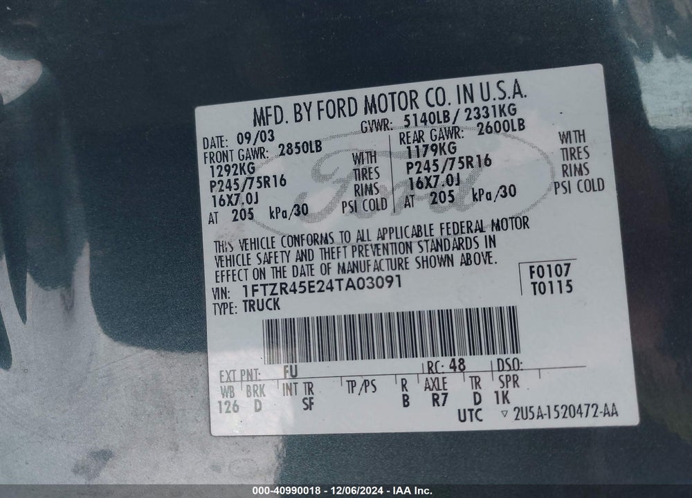 2004 FORD RANGER EDGE/TREMOR/XLT VIN: 1FTZR45E24TA03091