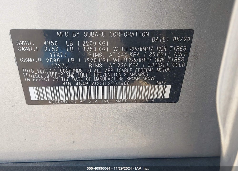 2020 SUBARU OUTBACK PREMIUM VIN: 4S4BTACC3L3264968