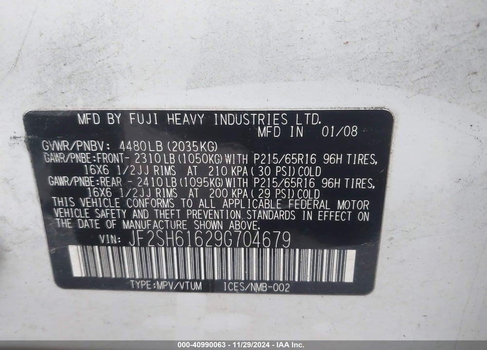 2009 SUBARU FORESTER 2.5X VIN: JF2SH61629G704679
