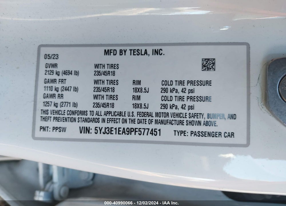 2023 TESLA MODEL 3 VIN: 5YJ3E1EA9PF577451
