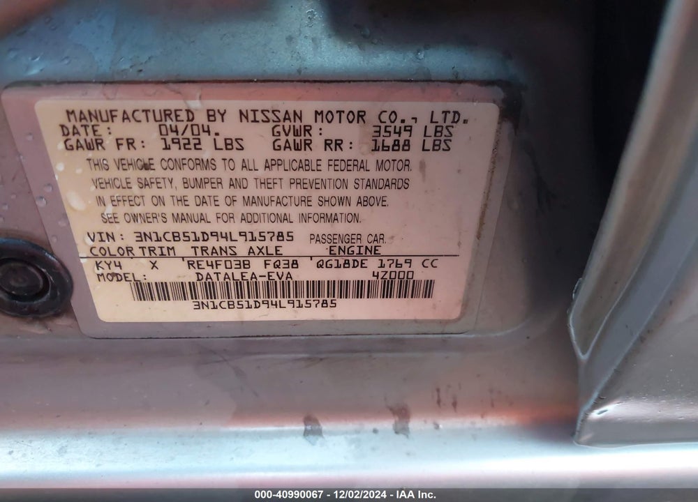 2004 NISSAN SENTRA 1.8S VIN: 3N1CB51D94L915785