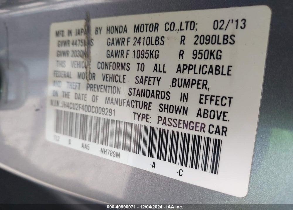 2013 ACURA TSX 2.4 VIN: JH4CU2F40DC009291