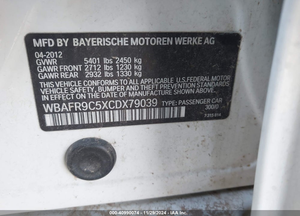 2012 BMW 550I VIN: WBAFR9C5XCDX79039