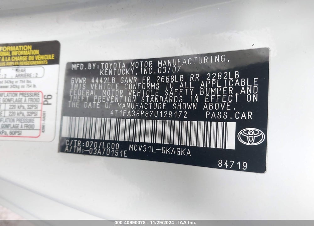 2007 TOYOTA CAMRY SOLARA SLE VIN: 4T1FA38P87U128172