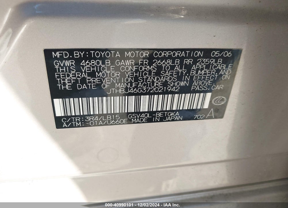 2007 LEXUS ES 350 VIN: JTHBJ46G372021942
