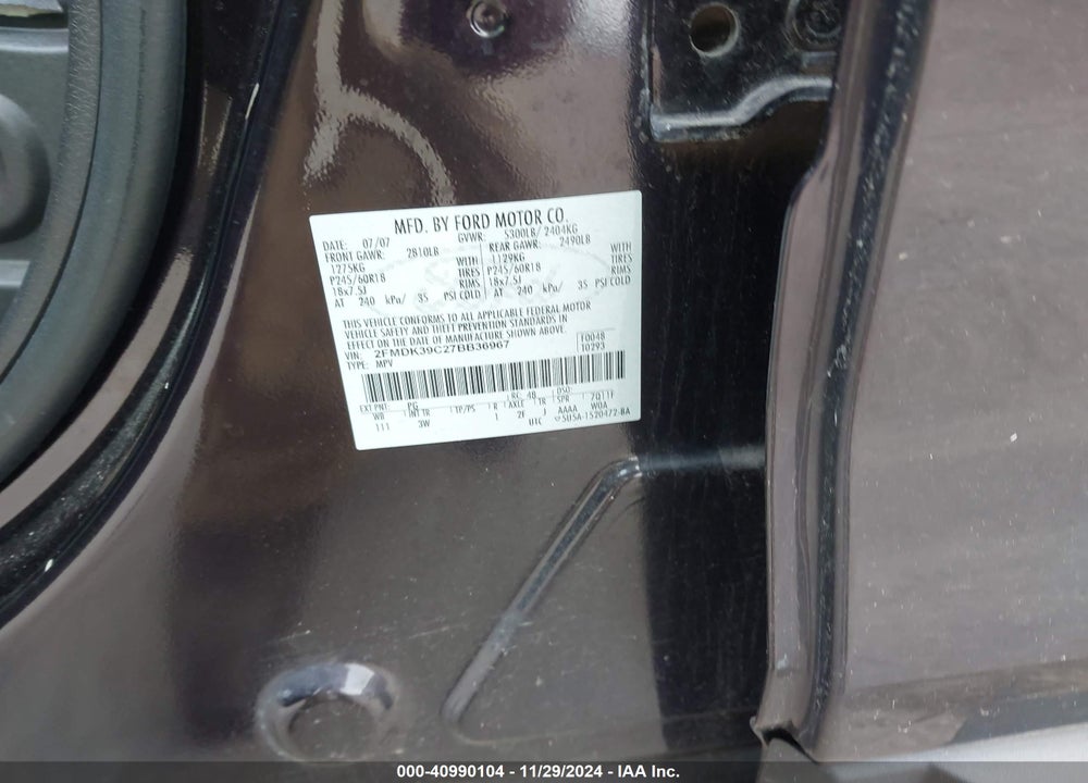 2007 FORD EDGE SEL PLUS VIN: 2FMDK39C27BB36967