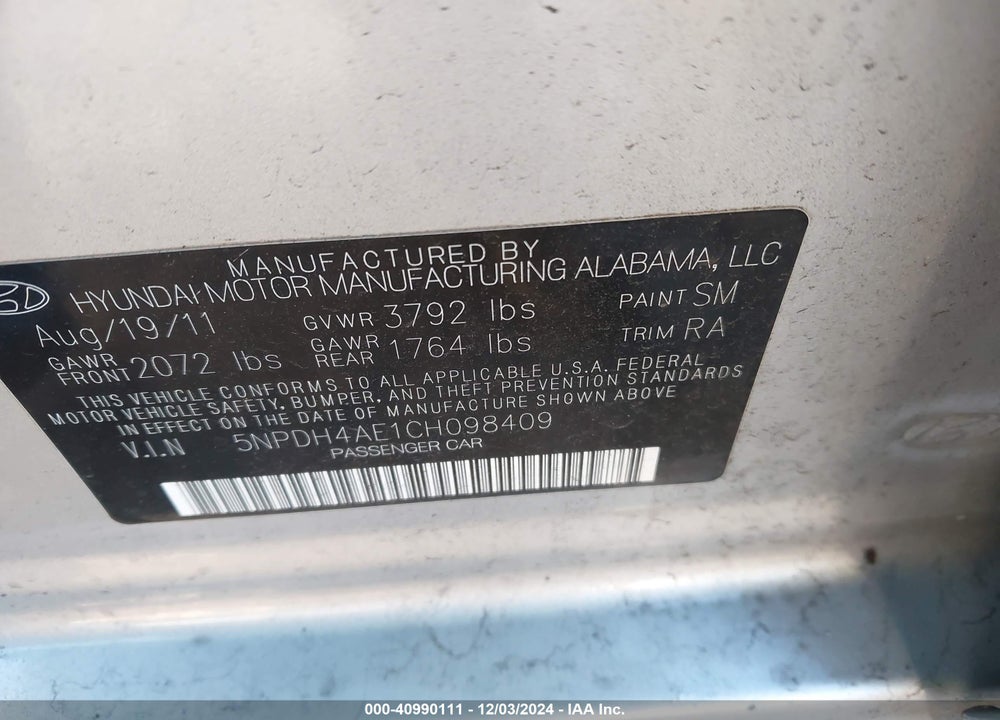 2012 HYUNDAI ELANTRA GLS VIN: 5NPDH4AE1CH098409