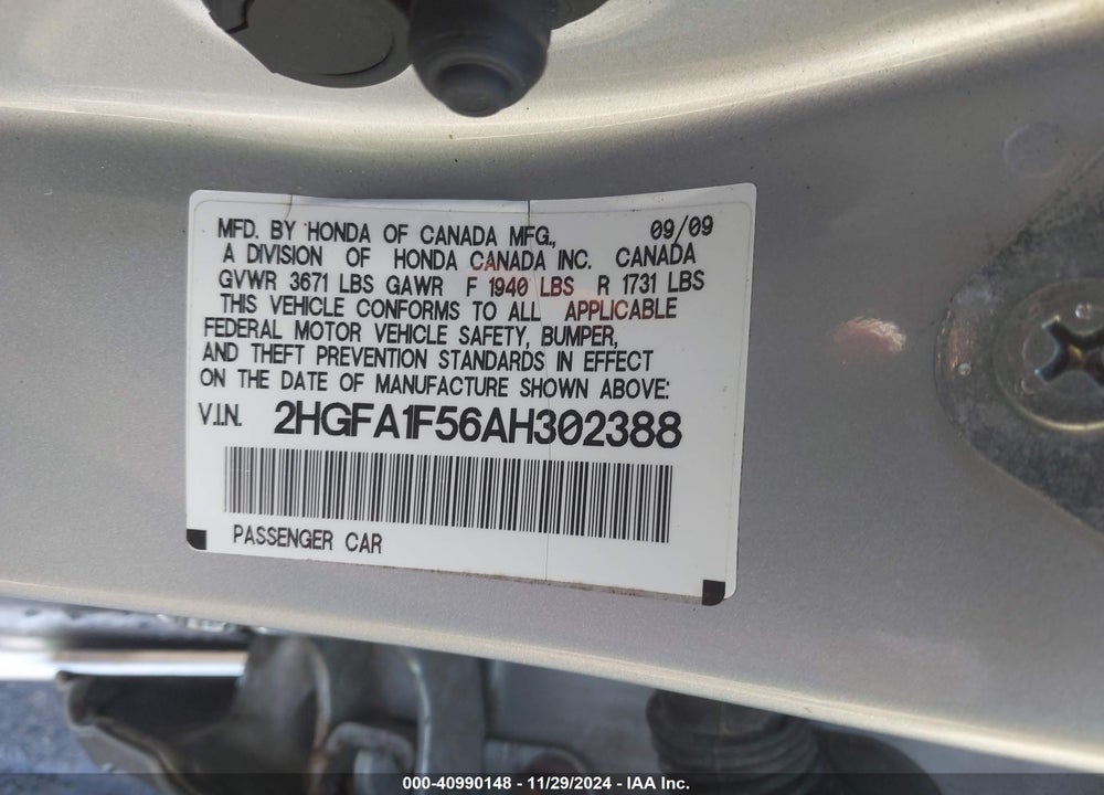 2010 HONDA CIVIC LX VIN: 2HGFA1F56AH302388