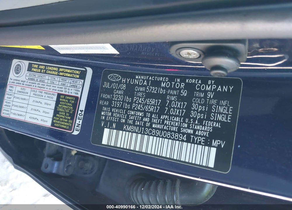 2009 HYUNDAI VERACRUZ GLS VIN: KM8NU13C89U083894