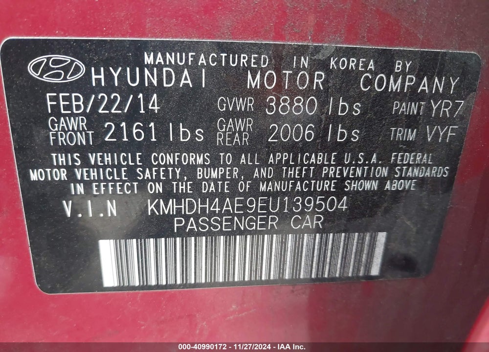 2014 HYUNDAI ELANTRA SE VIN: KMHDH4AE9EU139504