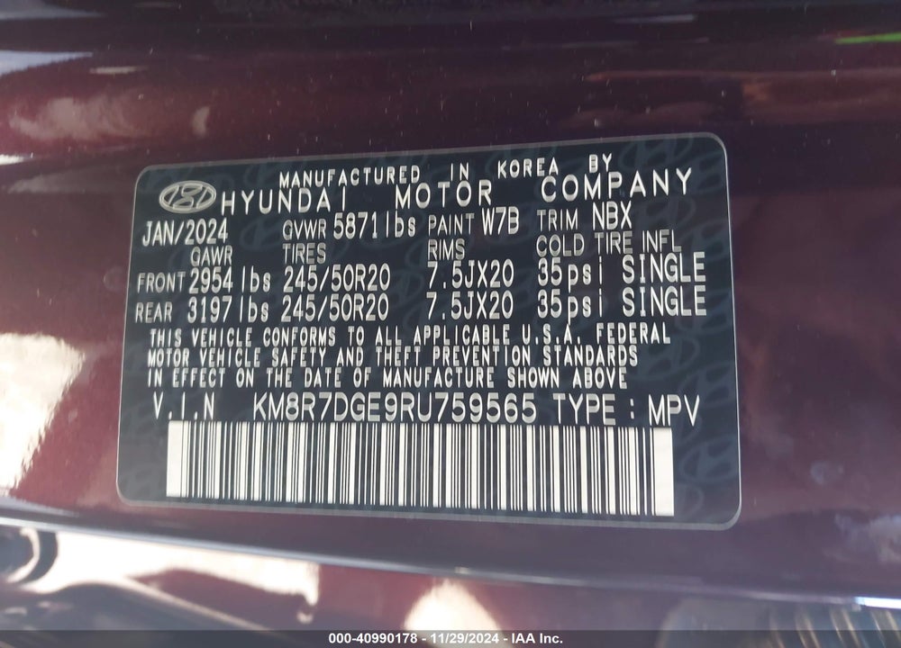 2024 HYUNDAI PALISADE CALLIGRAPHY VIN: KM8R7DGE9RU759565