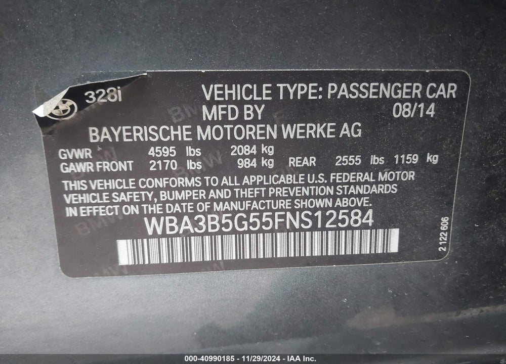 2015 BMW 328I VIN: WBA3B5G55FNS12584