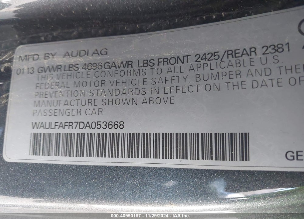2013 AUDI A5 VIN: WAULFAFR7DA053668