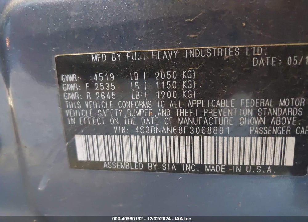 2015 SUBARU LEGACY 2.5I LIMITED VIN: 4S3BNAN68F3068891