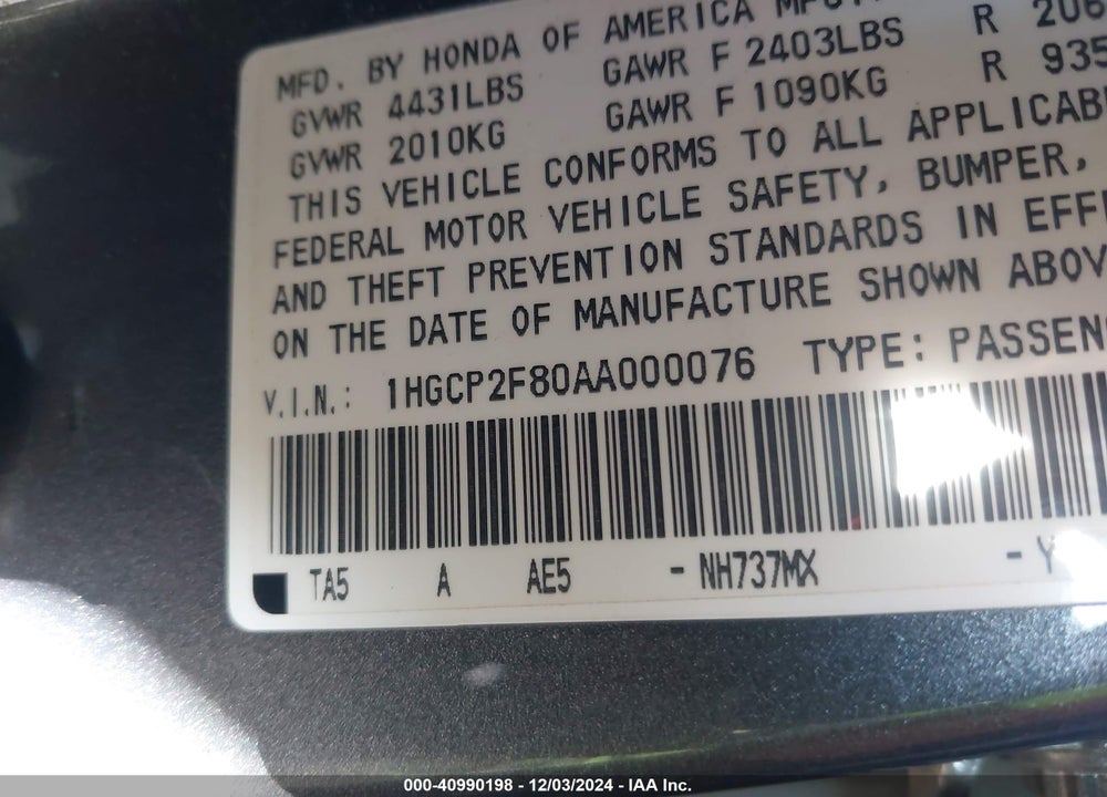 2010 HONDA ACCORD SDN 2.4 EX-L/EX-L VIN: 1HGCP2F80AA000076