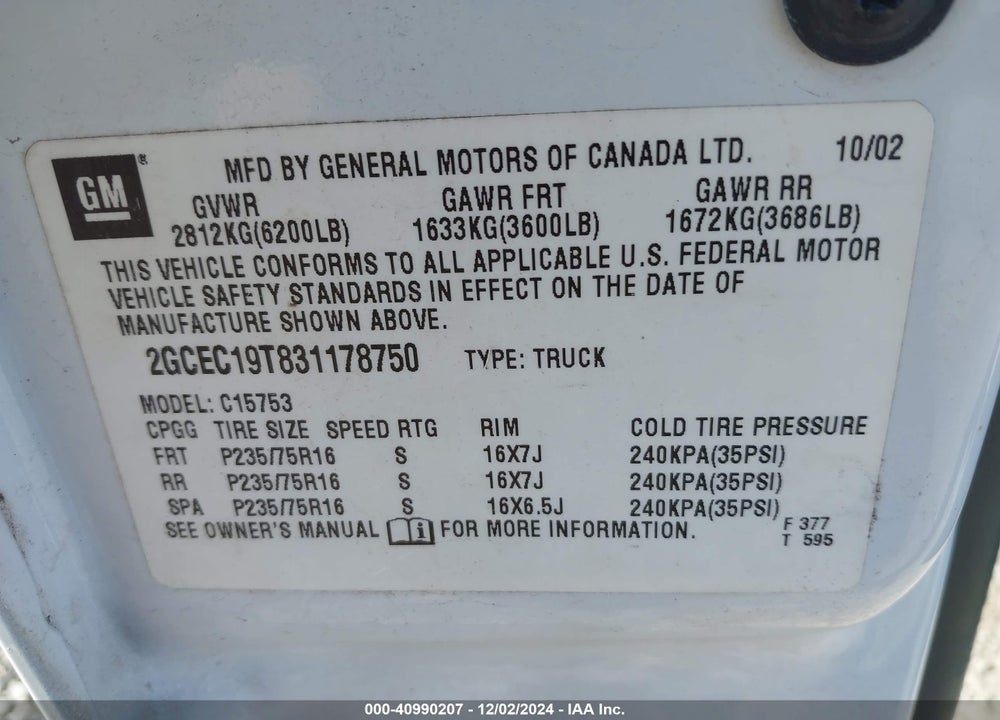 2003 CHEVROLET SILVERADO 1500 VIN: 2GCEC19T831178750