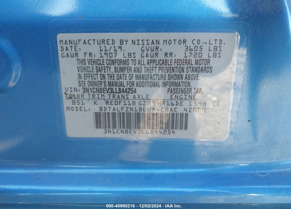 2020 NISSAN VERSA SV XTRONIC CVT VIN: 3N1CN8EV3LL844254
