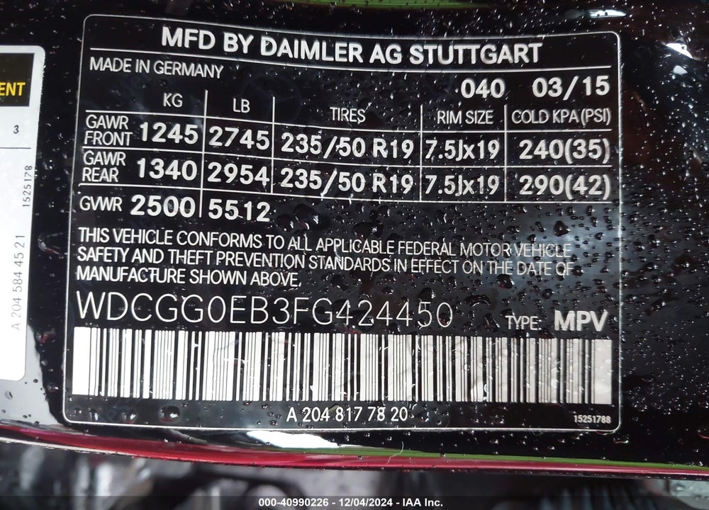 2015 MERCEDES-BENZ GLK 250 BLUETEC 4MATIC VIN: WDCGG0EB3FG424450