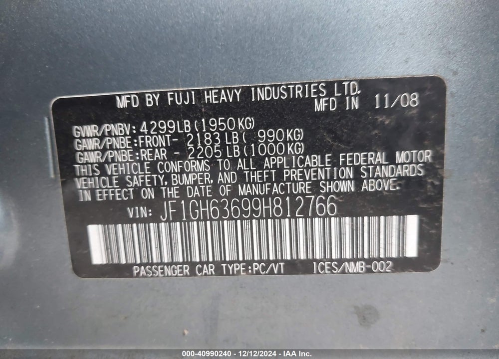 2009 SUBARU IMPREZA OUTBACK SPORT VIN: JF1GH63699H812766