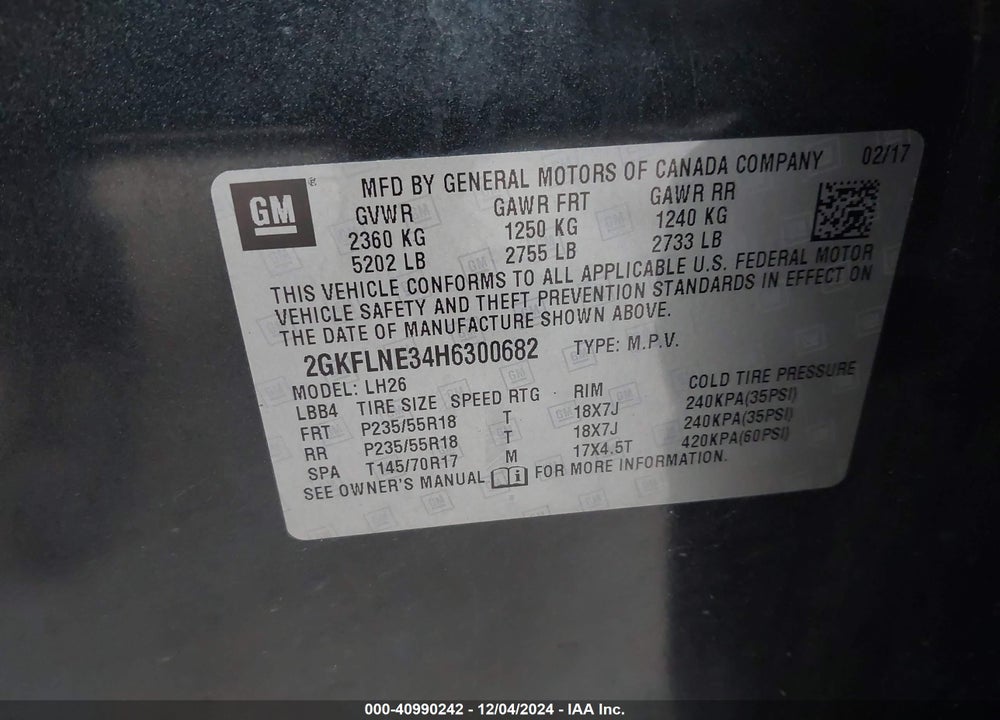 2017 GMC TERRAIN SLE-2 VIN: 2GKFLNE34H6300682