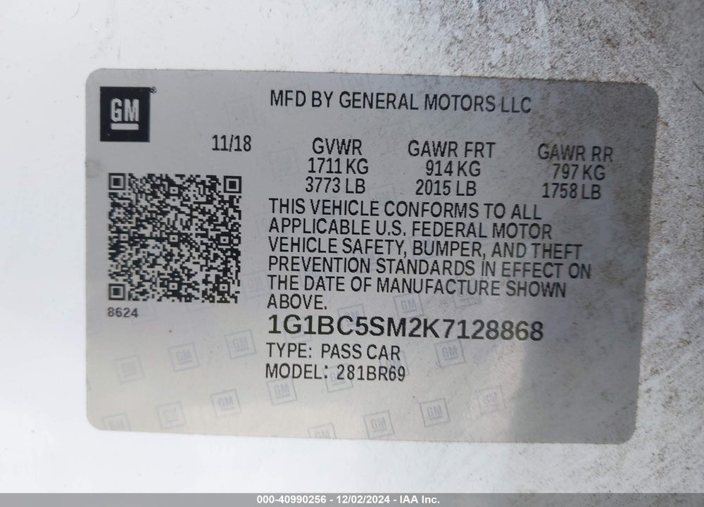 2019 CHEVROLET CRUZE LS VIN: 1G1BC5SM2K7128868