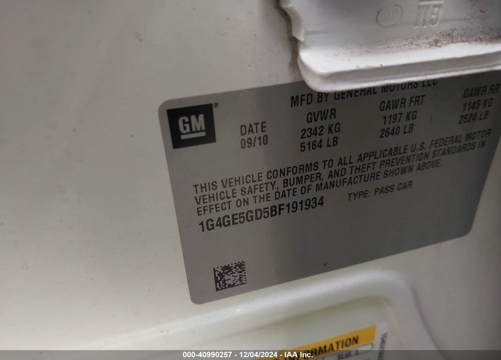 2011 BUICK LACROSSE CXS VIN: 1G4GE5GD5BF191934
