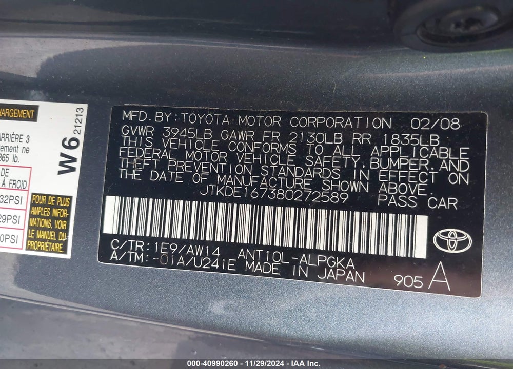 2008 SCION TC VIN: JTKDE167380272589