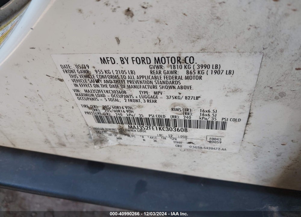 2019 FORD ECOSPORT S VIN: MAJ3S2FE1KC303608