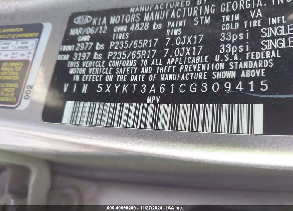 2012 KIA SORENTO LX VIN: 5XYKT3A61CG309415