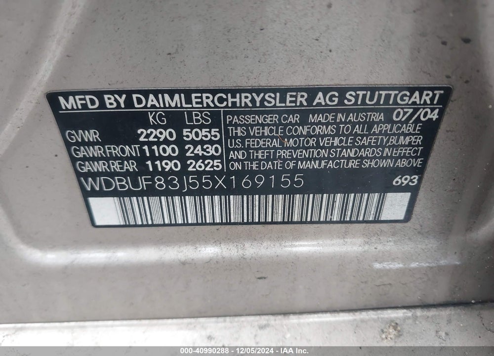 2005 MERCEDES-BENZ E 500 4MATIC VIN: WDBUF83J55X169155