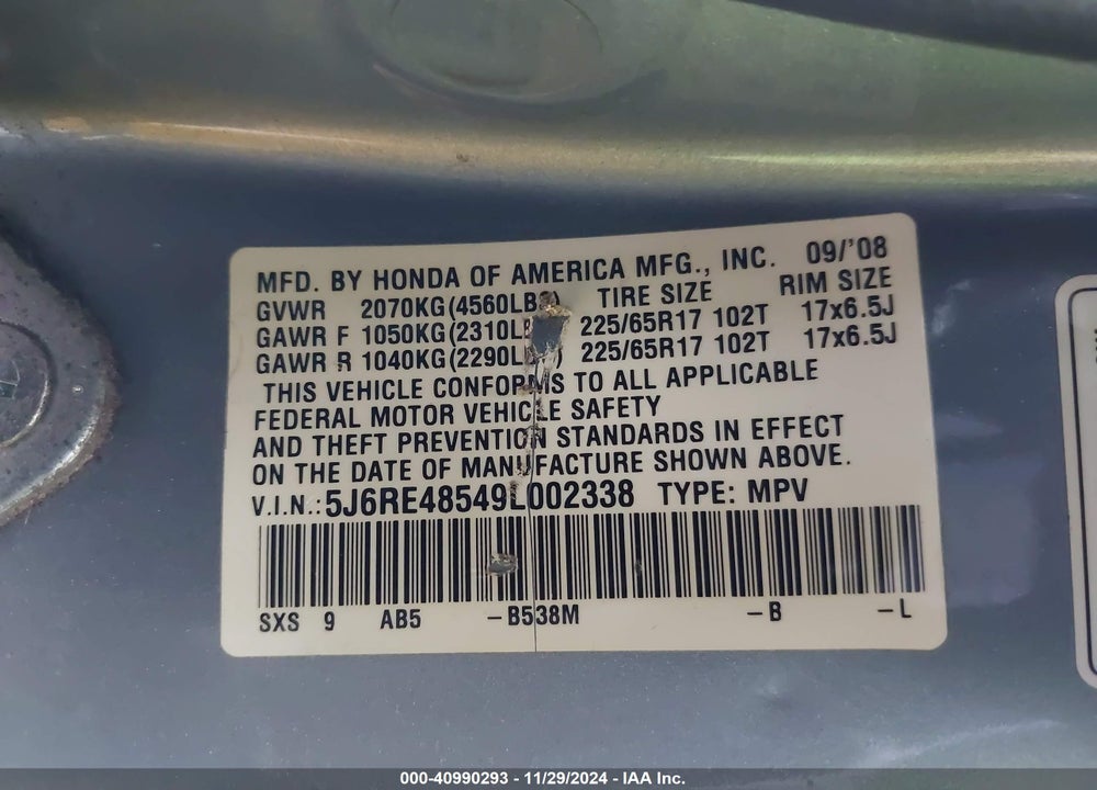 2009 HONDA CR-V EX VIN: 5J6RE48549L002338