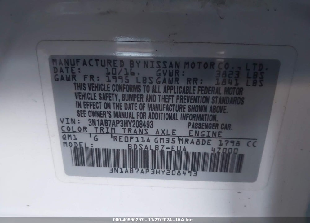 2017 NISSAN SENTRA VIN: 3N1AB7AP3HY208493