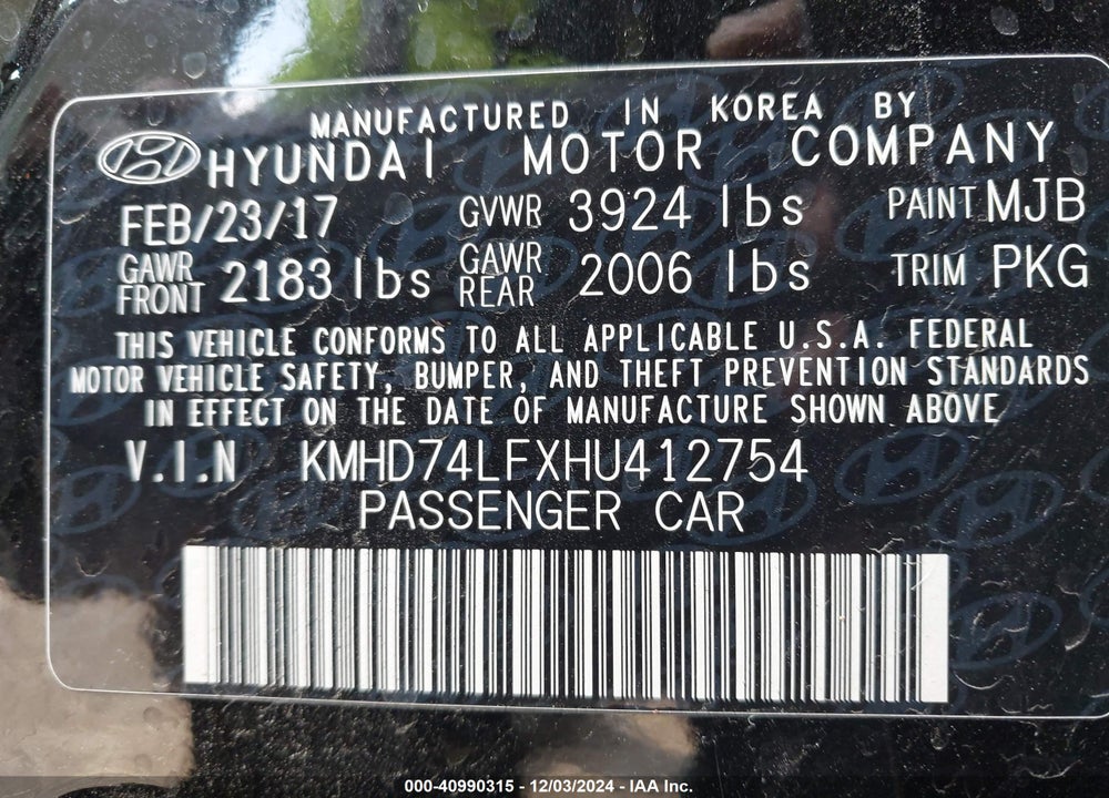 2017 HYUNDAI ELANTRA SE VIN: KMHD74LFXHU412754