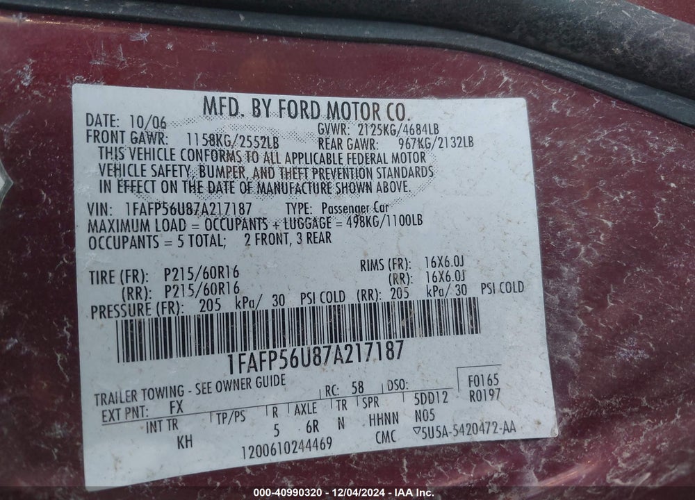 2007 FORD TAURUS SEL VIN: 1FAFP56U87A217187