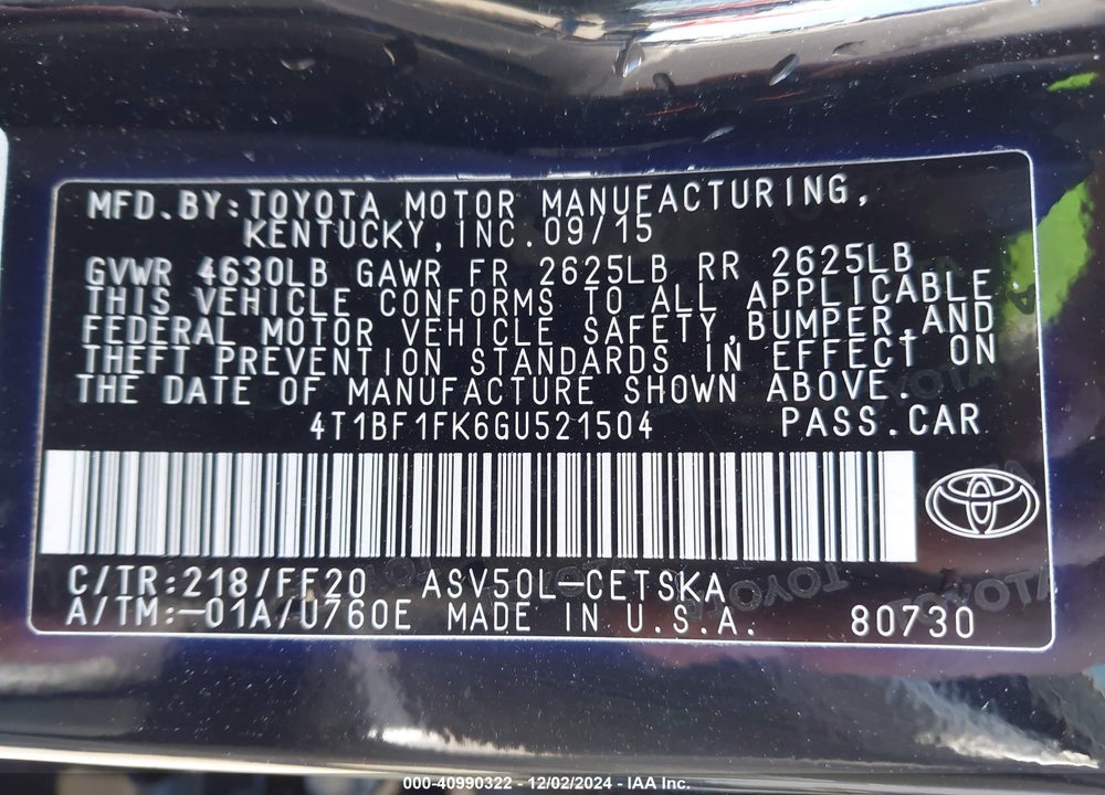 2016 TOYOTA CAMRY SE VIN: 4T1BF1FK6GU521504
